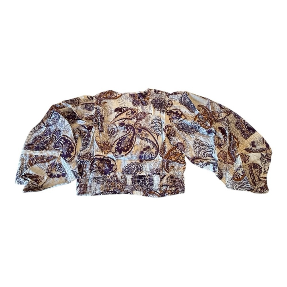 B.O.G Cream Purple Full Sleeve Lace Trim V-Neckline Smocked Back Waist Top NEW - Picture 12 of 16